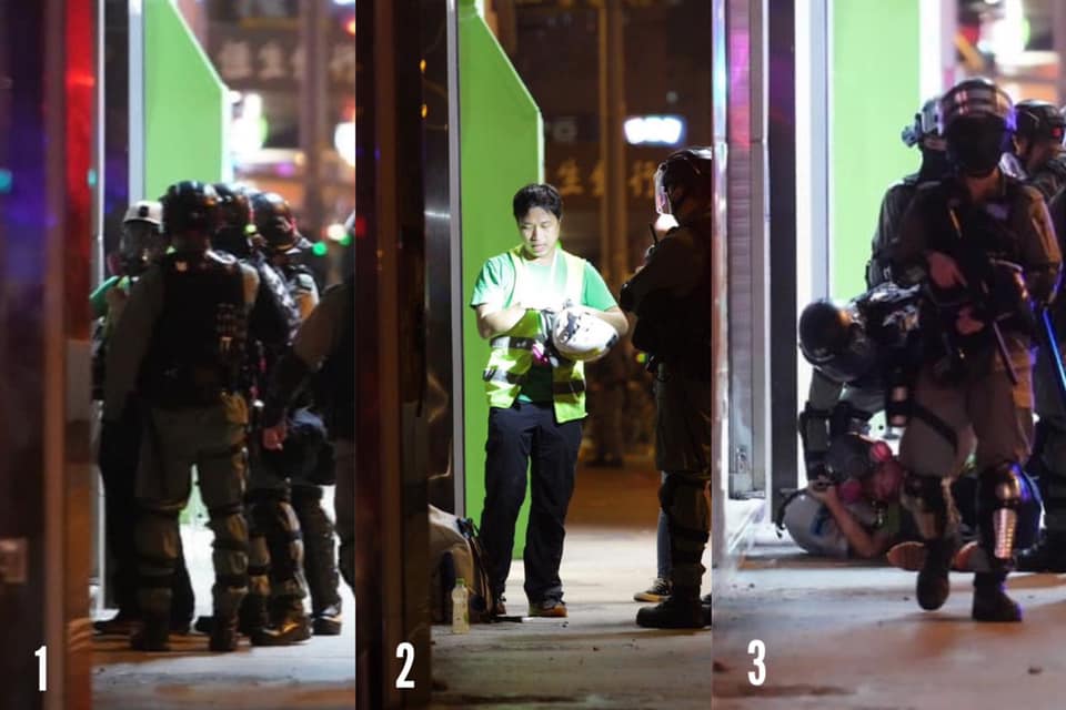 Police search turns violent as riot police (PTU) rip reporter’s vest and helmet off