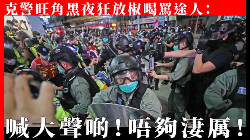 Large number of reporters surrounded by riot police, who ordered them to kneel, and swept them with pepper spray. Photograph was forbidden.